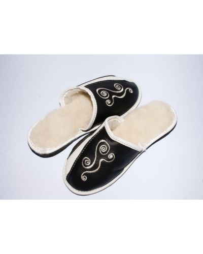 Women's Leather Slippers With Sheep's Wool and Embroidery