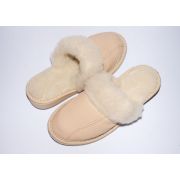 Women's Light Beige Leather Slippers With Sheep's Wool