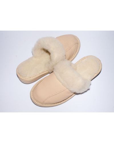 Women's Light Beige Leather Slippers With Sheep's Wool