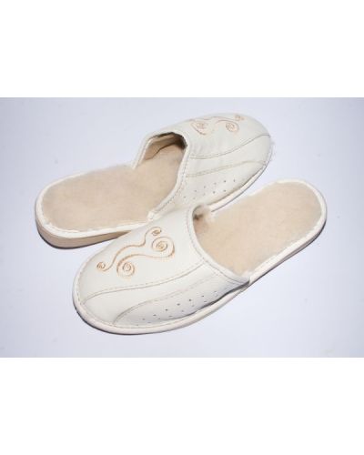Women's White Leather Slippers With Sheep's Wool and Embroidery