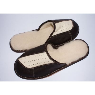 Men's Dark Leather Slippers With Sheep's Wool