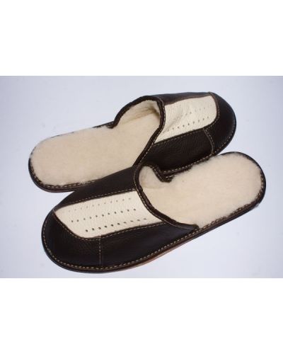 Men's Dark Leather Slippers With Sheep's Wool