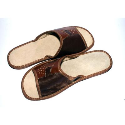 Men's Hand-Stitched Brown Leather Slippers