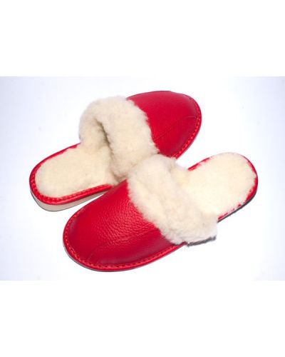Women's Slippers Red Leather With Sheep's Wool
