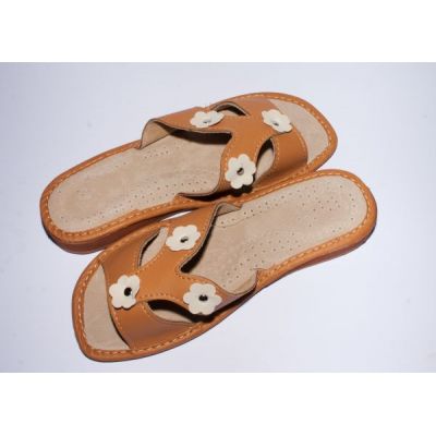 Women's Brown Leather Slippers with Flowers