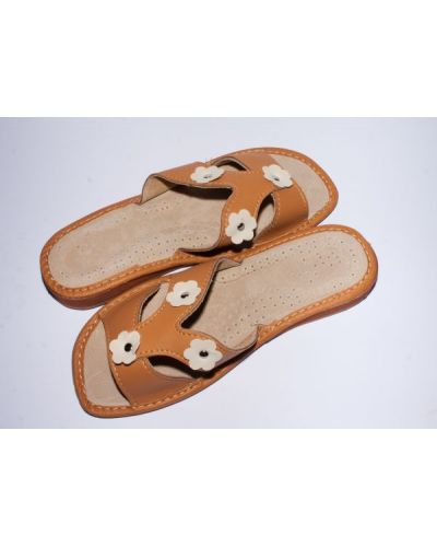 Women's Brown Leather Slippers with Flowers