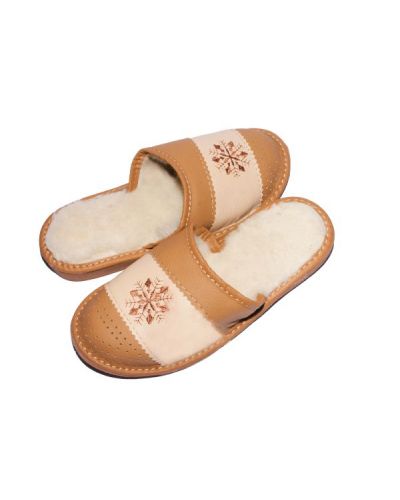 Women's Leather Slippers With Sheep's Wool Embroidered Snowflake
