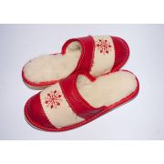 Women's Red Leather Slippers Sheep's Wool with Snowflake