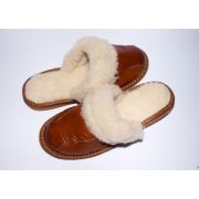 Women's Brown Leather Slippers With Sheep's Wool