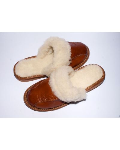 Women's Brown Leather Slippers With Sheep's Wool