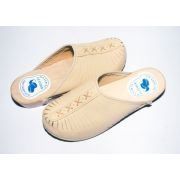 Nice Women's Light Beige Leather With Wooden Sole Slippers