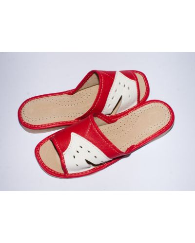 Women's Red with White Leather Comfortable Slippers