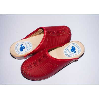 Women's Red Leather Slippers With Wooden Sole