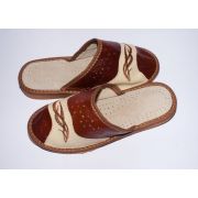 Women's Brown and Beige Leather Slippers with Embroidery