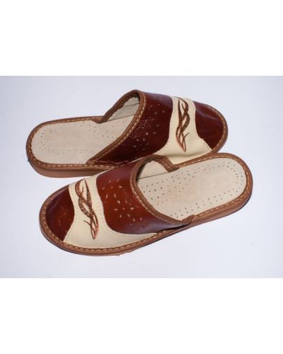 Women's Brown and Beige Leather Slippers with Embroidery