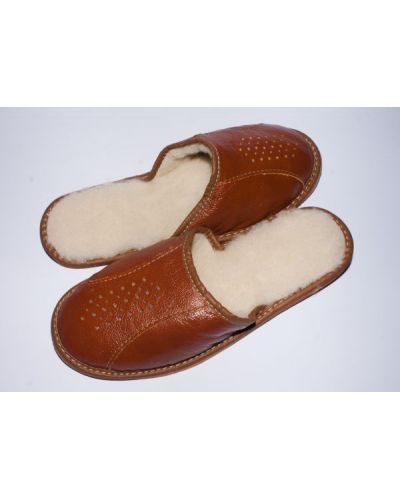 Men's Brown Leather Sheep's Wool Slippers