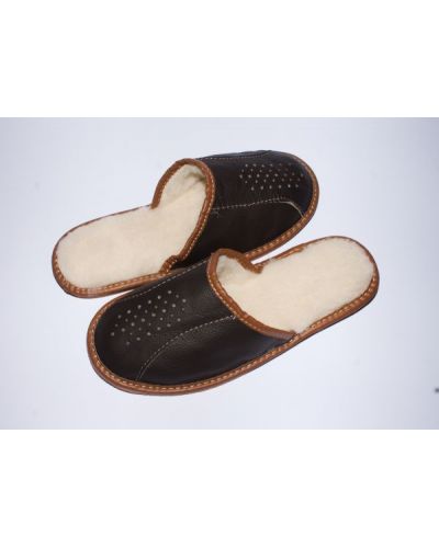 Men's Dark Brown Leather Slippers With Sheep's Wool