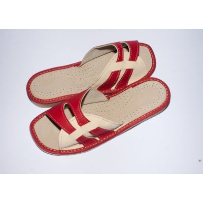 Women's Red and Beige Leather Slippers