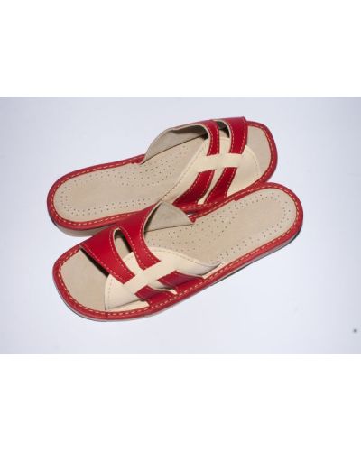 Women's Red and Beige Leather Slippers