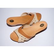Women's Light Beige Leather With Wooden Sole Slippers