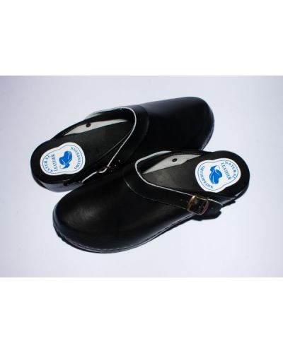 Men's Black Leather With Wooden Sole Slippers