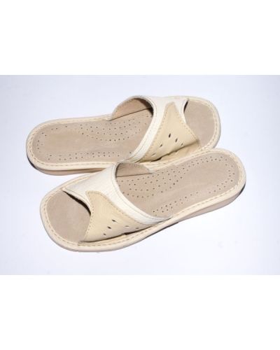 Women's White with Beige Leather Slippers