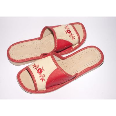 Women's Red and Beige Leather Slippers with Embroidery