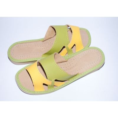 Women's Yellow with Green Leather Slippers