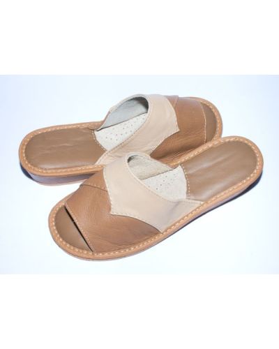 Women's Brown with Beige Leather Comfortable Slippers