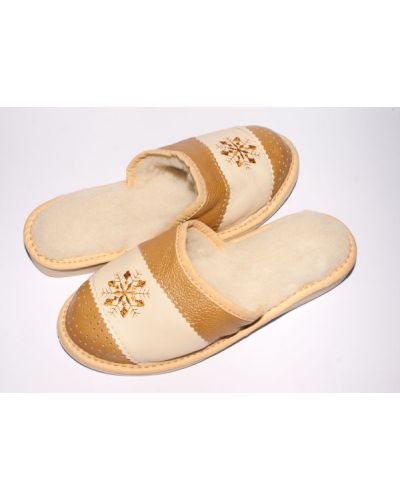 Women's Brown Leather Slippers Sheep's Wool with Snowflake
