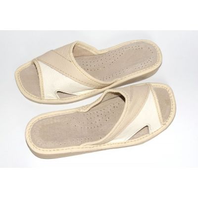 Women's White and Beige Leather Slippers