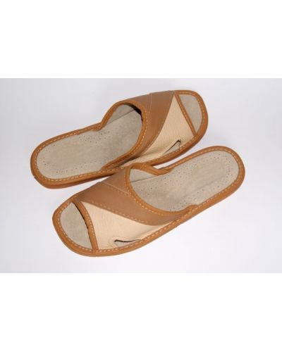 Women's Brown and Beige Leather Slippers