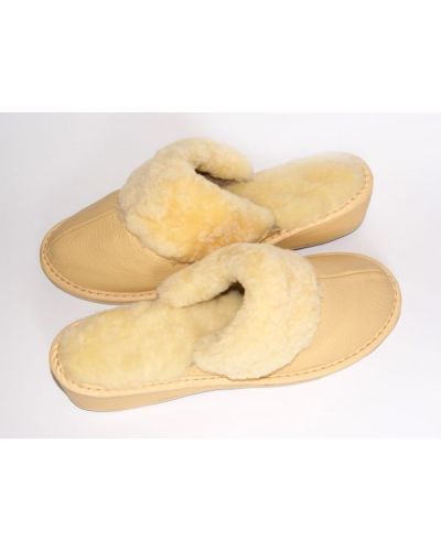 Women's Beige Leather Slippers With Sheep's Wool