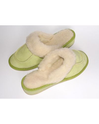 Green Suede Women's Slippers With Sheep's Wool