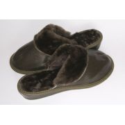 Women's Dark Green Leather Slippers With Sheep's Wool