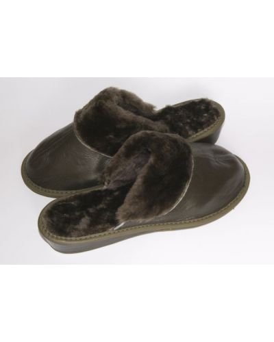 Women's Dark Green Leather Slippers With Sheep's Wool