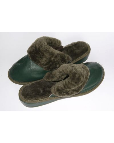 Women's Green Leather Slippers With Sheep's Wool