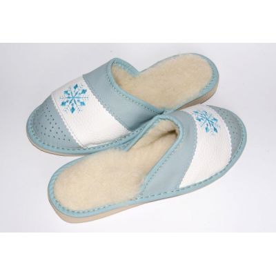 Women's Blue Leather Slippers With Sheep's Wool and Embroidery