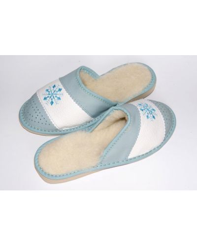 Women's Blue Leather Slippers With Sheep's Wool and Embroidery