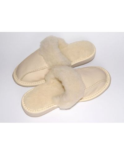 White Leather Women's Slippers With Sheep's Wool