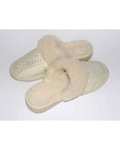 Women's White Leather Slippers With Sheep's Wool