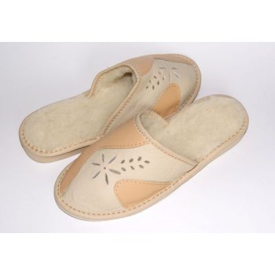 Women's White Beige Leather Slippers With Sheep's Wool