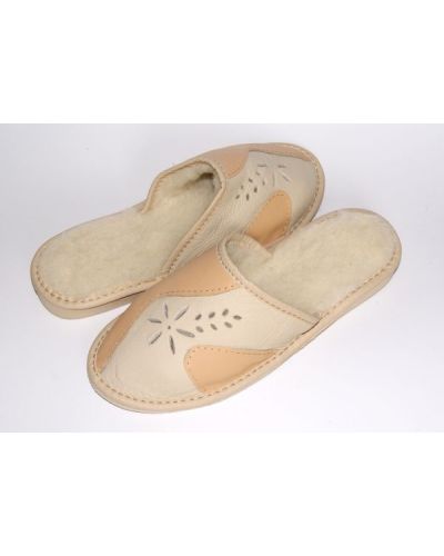 Women's White Beige Leather Slippers With Sheep's Wool
