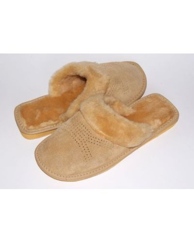 Women's Beige Suede Slippers With Sheep's Wool