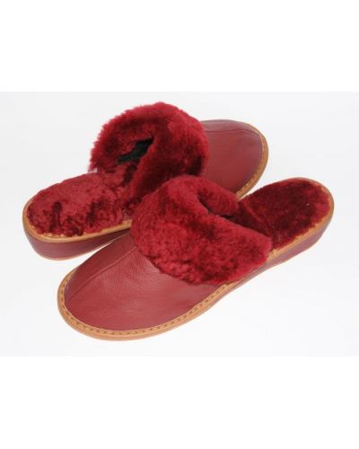 Women's Red Leather Slippers With Sheep's Wool