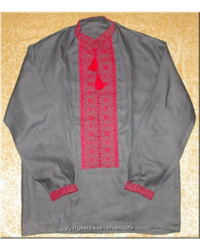 Ukrainian Embroidered Men's Black Flax Shirt - XL