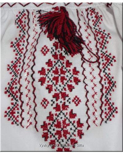 Girl's White Ukrainian Vyshyvanka Blouse with Red & Black Geometric Embroidery
