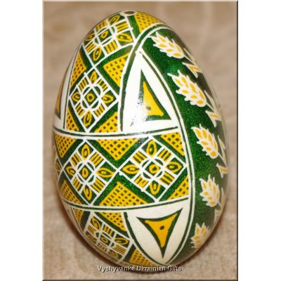 Ukrainian Pysanka Real Goose Egg — Green Wheat & Triangle Lattice