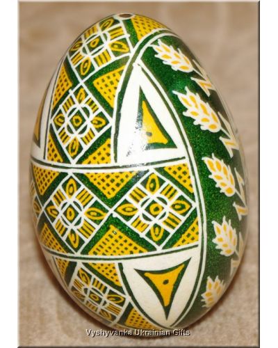 Ukrainian Pysanka Real Goose Egg — Green Wheat & Triangle Lattice