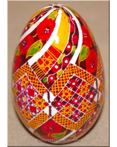 Ukrainian Goose Egg Hand Painted Pysanka — Poppy Rushnyk Diamond